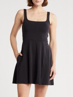 Beyond Yoga Black Charmed Fit & Flare Pocket Mini Dress Women's Size Large NWT